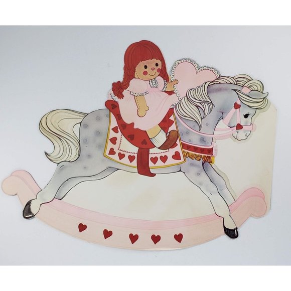 Vintage Peck Valentine's Day Die Cut Rocking Horse Girl Decoration Flocked 1987 - Picture 3 of 3
